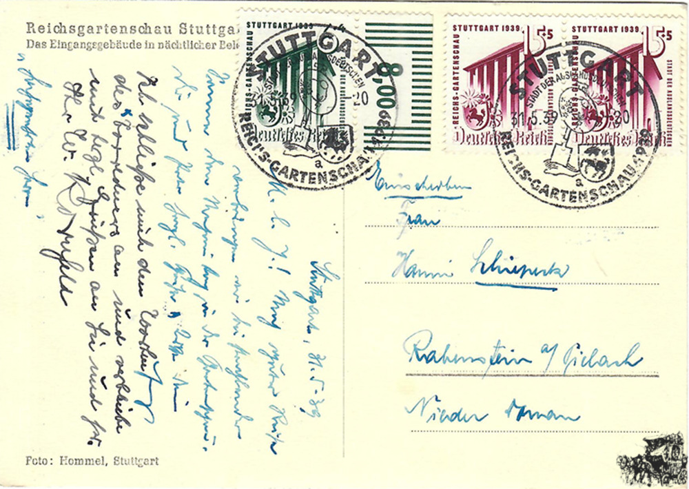 3. Reich Reichsgartenschau Stuttgart Satzkarte, Sonderstempel 1939