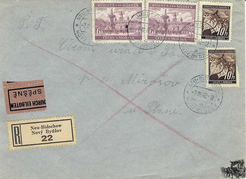 Böhmen und Mähren - 6 Kronen Freimarke Rathaus Budweis - Brief Mischfrankatur R-/Eilbote 1942