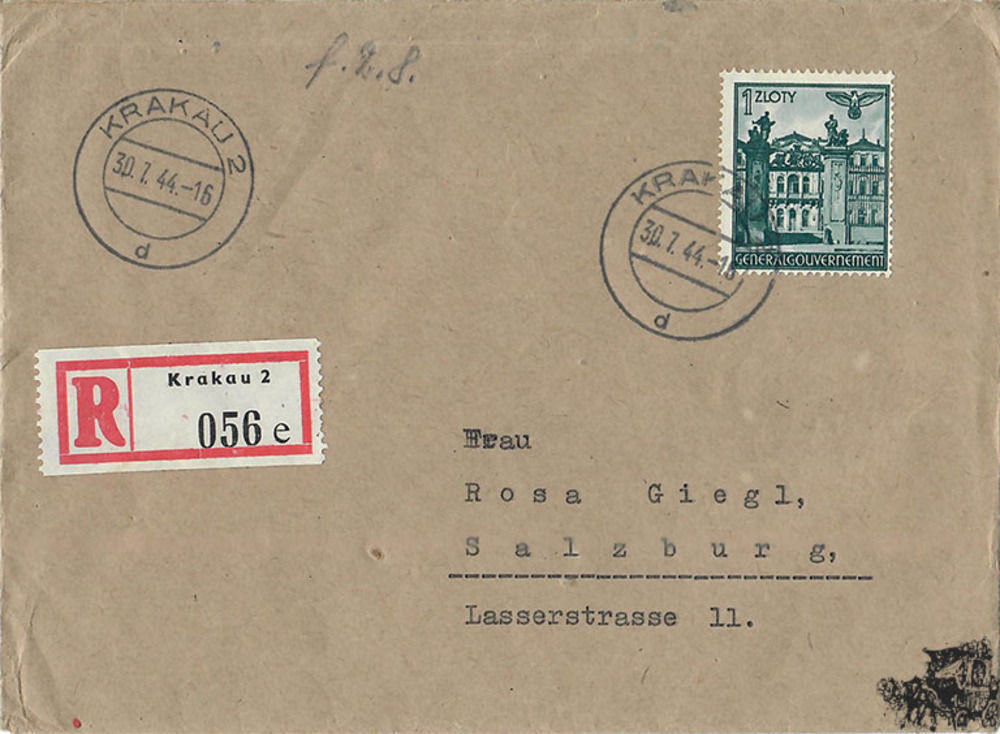 Generalgouvernement - 1 Zt 1940 auf Einschreibebrief als Einzelfrankatur