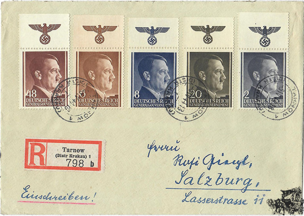 Generalgouvernement - 2,6,8,20 und 48 Gr. 1941 auf Einschreibebrief als Mischfrankatur mit Aloge