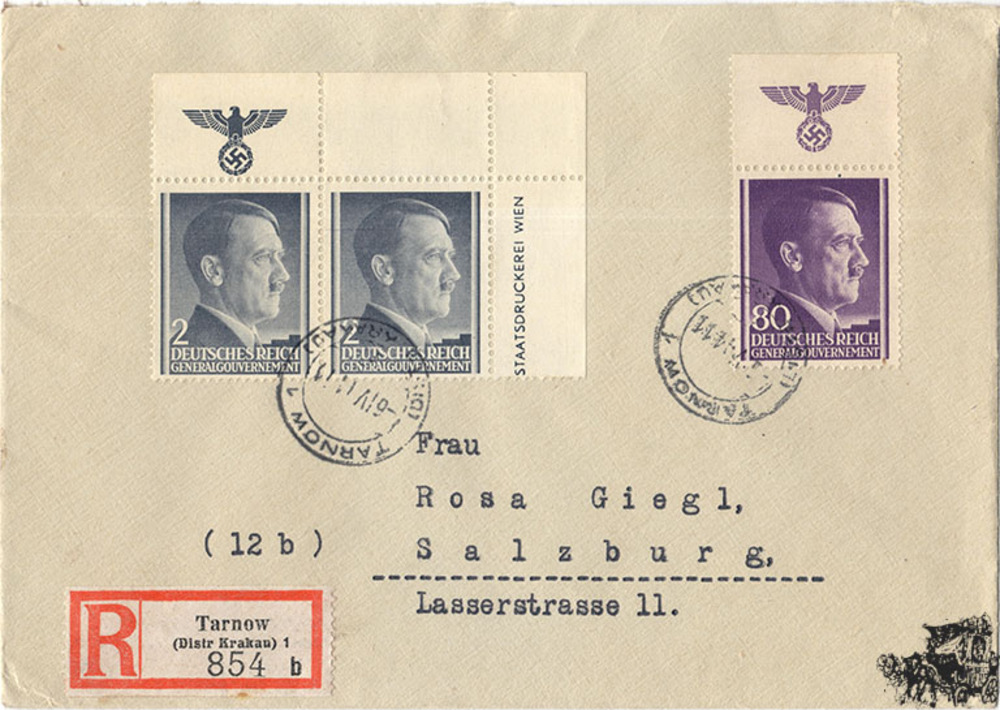 Generalgouvernement - 2 und 80 Gr. 1941 auf Einschreibebrief als Mischfrankatur mit Aloge