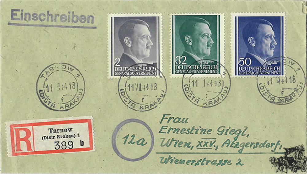 Generalgouvernement - 2, 32 und 50 Gr. 1941 auf Einschreibebrief als Mischfrankatur