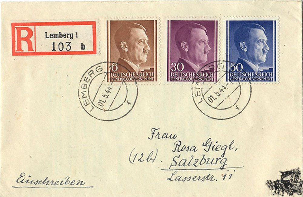 Generalgouvernement - 6, 30 und 50 Gr. 1941 auf Einschreibebrief als Mischfrankatur