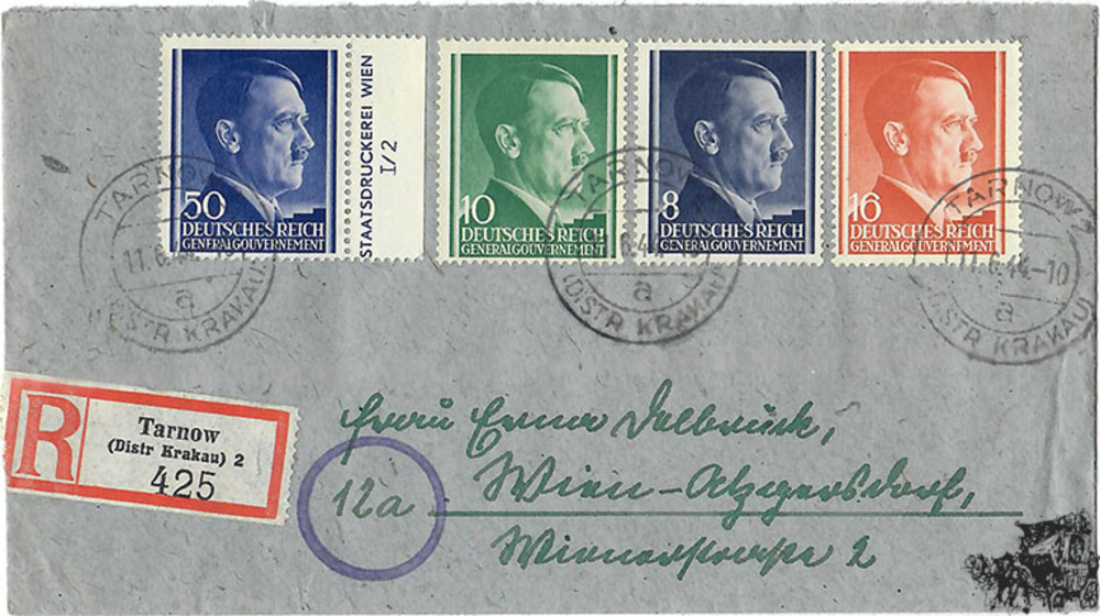 Generalgouvernement -8, 10, 16 und 50 Gr. 1941 auf Einschreibebrief als Mischfrankatur