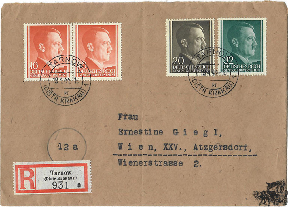 Generalgouvernement -2x 16, 20 und 32 Gr. 1941 auf Einschreibebrief als Mischfrankatur