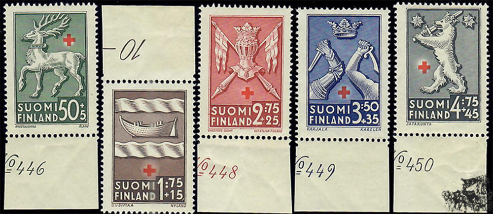 Finnland ** 1942 - Rotes Kreuz: Wappen der geschichtlichen Landschaften, 50+5 Pennia bis 4,75 Markka+45 Pennia Finnland ** 1942 - Rotes Kreuz: Wappen der geschichtlichen Landschaften, 50+5 Pennia bis 4,75 Markka+45 Pennia