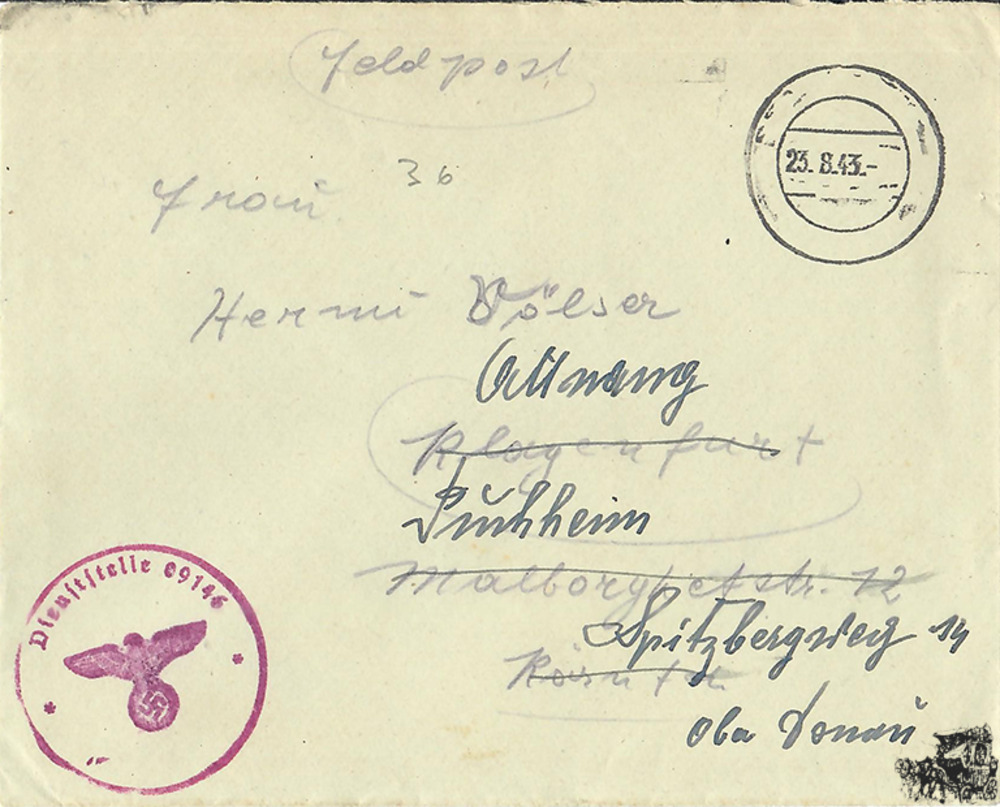 Brief Feldpost-Nummer 09146 (Panzer-Grenadier-Regiment 67) - Tarnstempel - 23. August 1943