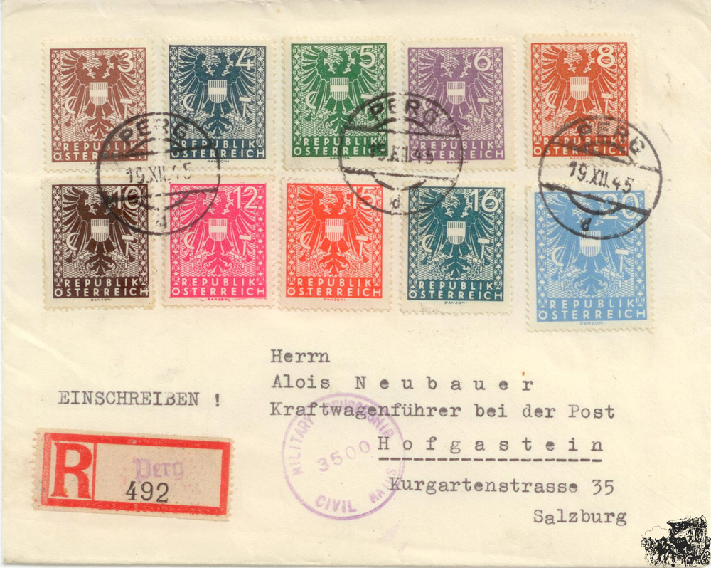 Österreich R-Briefe 1945, Freimarken russische Zone Wappenzeichnung, Satzbriefe