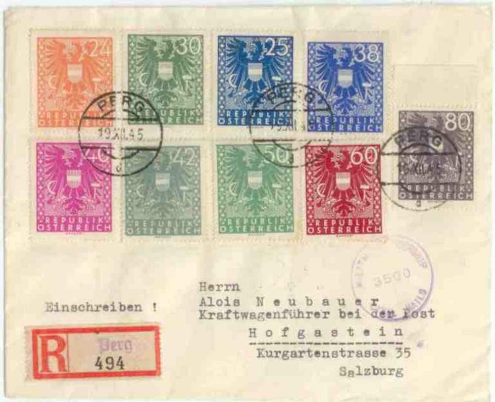 Österreich R-Briefe 1945, Freimarken russische Zone Wappenzeichnung, Satzbriefe