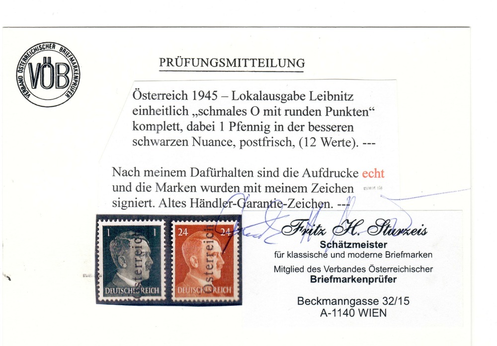 Österreich** 1945, 1 - 24 Pfennig Lokalausgabe Leibnitz (Steiermark), ATTEST Österreich** 1945, 1 - 24 Pfennig Lokalausgabe Leibnitz (Steiermark), ATTEST