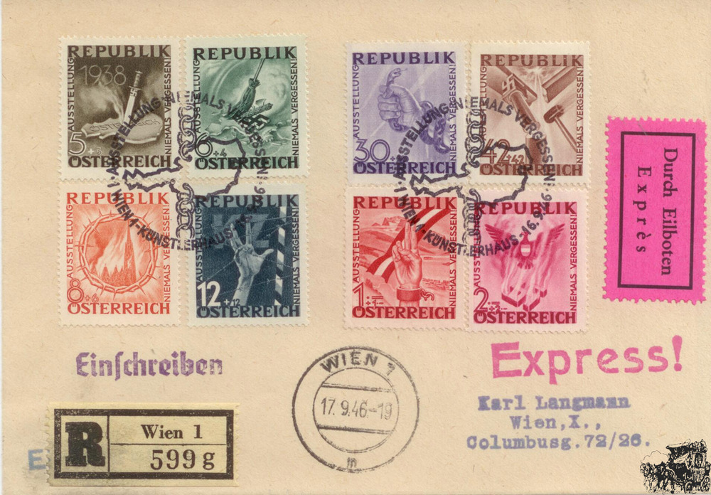 Österreich Eilboten-R-Brief 1946, Antifa-Ausstellung Wien kpl. Satzbrief Österreich Eilboten-R-Brief 1946, Antifa-Ausstellung Wien kpl. Satzbrief
