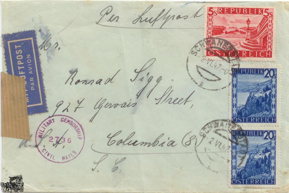 Österreich Luftpost-Brief 1947, 5 Schilling Freimarke Landschaftsbilder im Rakeltiefdruck Österreich Luftpost-Brief 1947, 5 Schilling Freimarke Landschaftsbilder im Rakeltiefdruck
