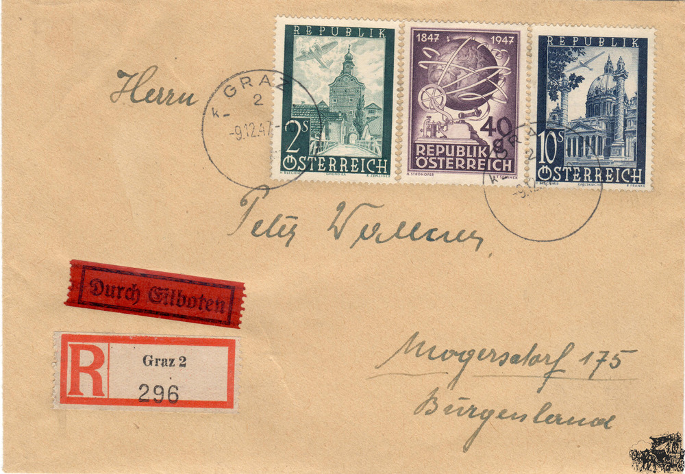 Österreich Eilboten-R-Brief 1947, Flugpostmarken “Flugzeug über Landschaften“ Österreich Eilboten-R-Brief 1947, Flugpostmarken “Flugzeug über Landschaften“