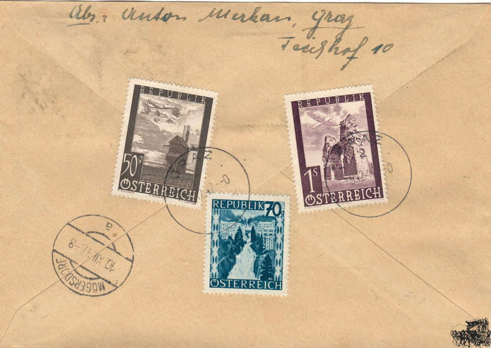 Österreich Eilboten-R-Brief 1947, Flugpostmarken “Flugzeug über Landschaften“ Österreich Eilboten-R-Brief 1947, Flugpostmarken “Flugzeug über Landschaften“