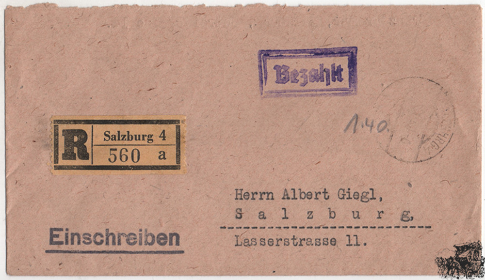 Österreich 1948 - Barfreimachung “Bezahlt“ auf R-Brief Salzburg