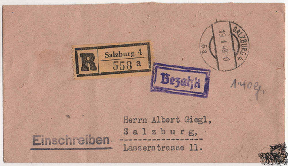 Österreich 1948 - Barfreimachung “Bezahlt“ auf R-Brief Salzburg