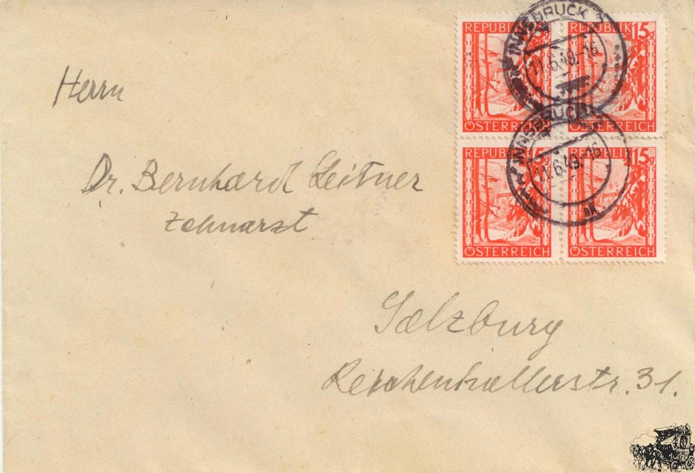 Österreich 1949 Brief, 15 G. orange Landschaften, MeF