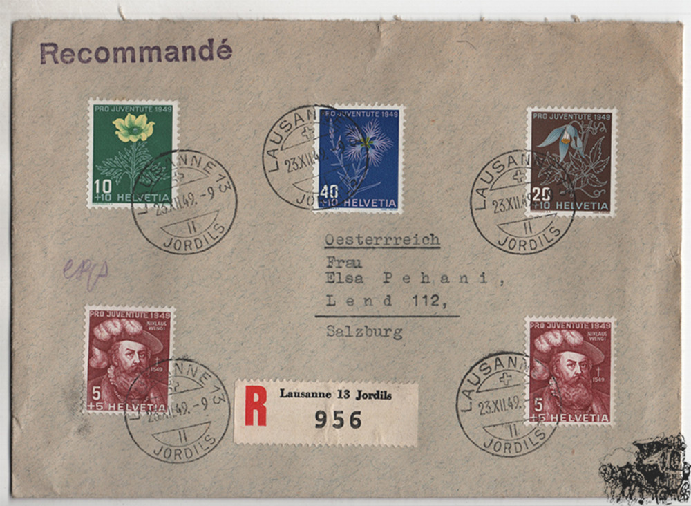 Schweiz - Nr. 541-44 Pro Juventute 1949 kpl. auf Satz-R-Brief Schweiz - Nr. 541-44 Pro Juventute 1949 kpl. auf Satz-R-Brief