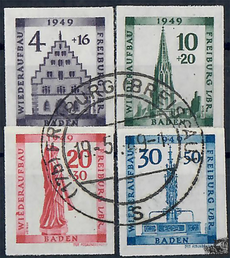 Französische Zone Baden 1949, Wiederaufbau Freiburg Blockmarken, gestempelt, geprüft Schlegel BPP Französische Zone Baden 1949, Wiederaufbau Freiburg Blockmarken, gestempelt, geprüft Schlegel BPP