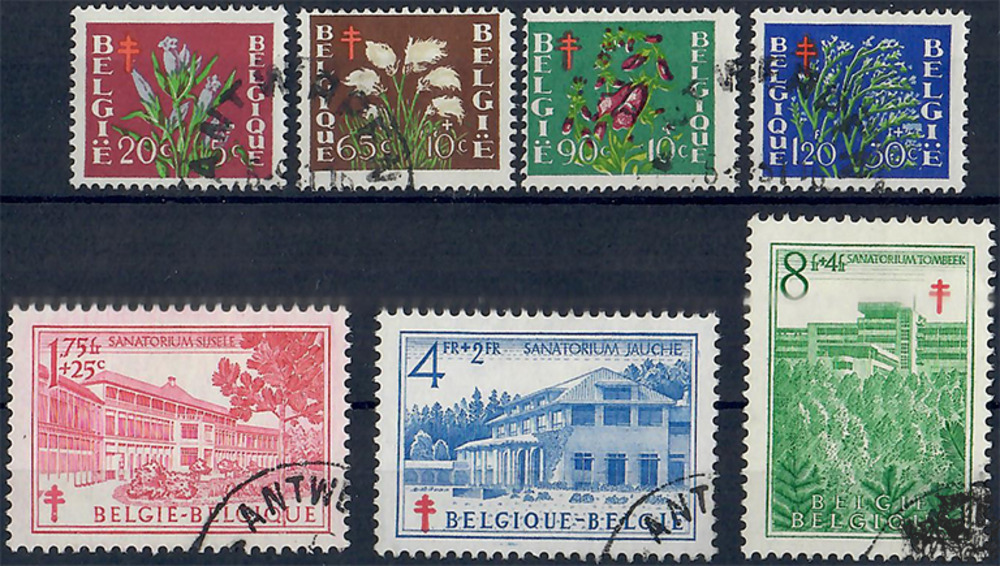 Belgien o 1950 - Kampf gegen die Tuberkulose: Blumen und Sanatorien - 20+5 Centimes bis 8+4 Franc