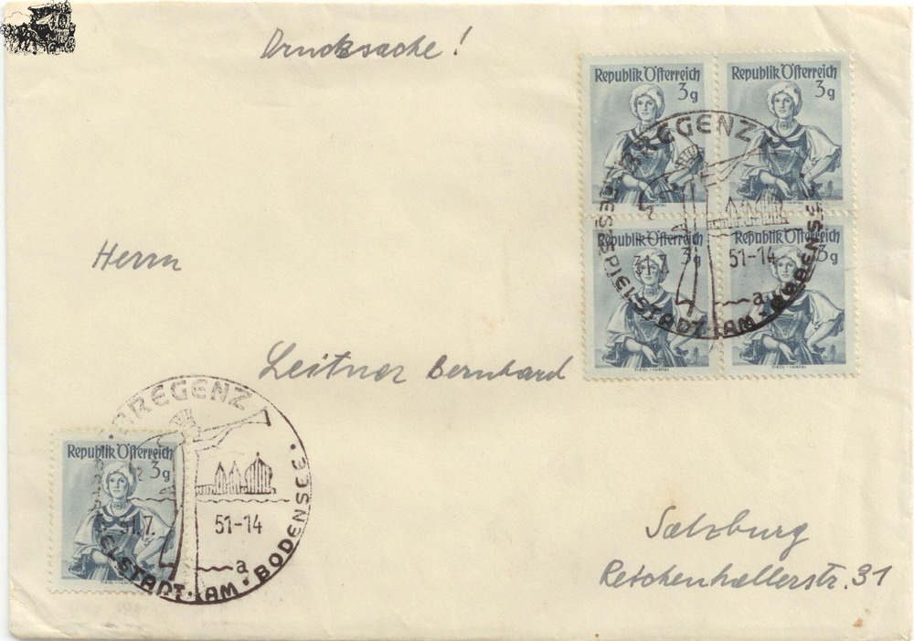 Österreich Brief 1951, 3 Groschen Trachten MeF, Sonderstempel Bregenz Österreich Brief 1951, 3 Groschen Trachten MeF, Sonderstempel Bregenz