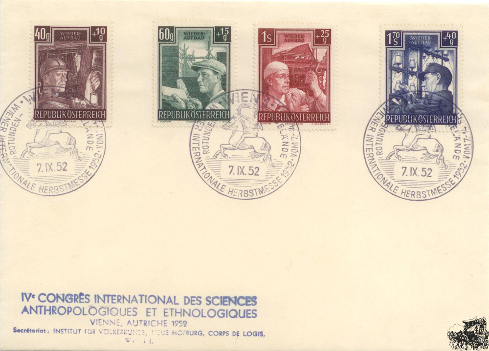 Österreich Anlass-Umschlag 1952, Wiederaufbau II kpl. Sonderstempel Wien Herbstmesse 1952 Österreich Anlass-Umschlag 1952, Wiederaufbau II kpl. Sonderstempel Wien Herbstmesse 1952