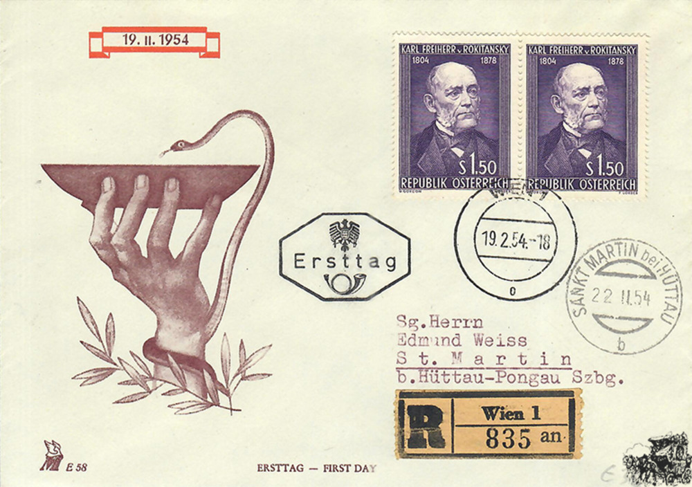 Österreich 1954 Brief - 1,50 S - 150. Geburtstag von Karl Freiherr von Rokitansky - Kombination - Reko Österreich 1954 Brief - 1,50 S - 150. Geburtstag von Karl Freiherr von Rokitansky - Kombination - Reko