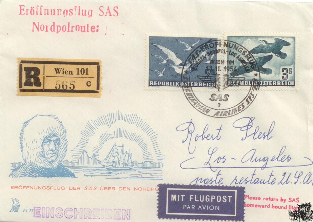 Österreich Luftpost-R-Brief 1954, 2/3 Schilling Flugpostmarken “Heimische Vogelwelt“, Eröffnungsflug SAS Nordpolroute