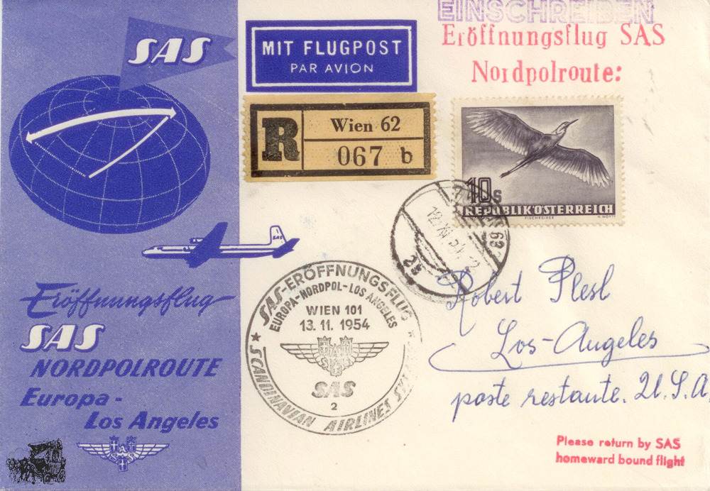 Österreich Luftpost-Brief 1954, 10 Schilling Flugpostmarke “Heimische Vogelwelt“ Einzelfrankatur Eröffnungsflug SAS Nordpolroute