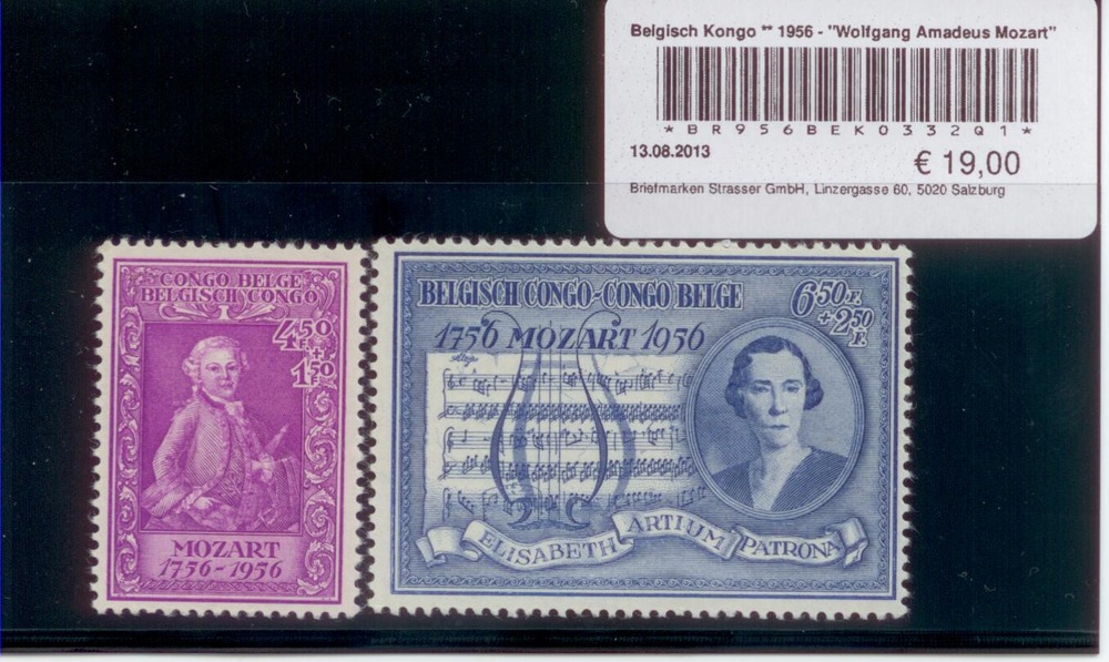 Belgisch Kongo ** 1956 - “Wolfgang Amadeus Mozart“ Belgisch Kongo ** 1956 - “Wolfgang Amadeus Mozart“
