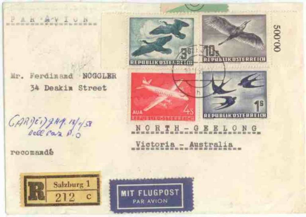 Österreich Luftpost-R-Brief 1958, 1/3/10 Schilling Flugpostmarken “Heimische Vogelwelt“