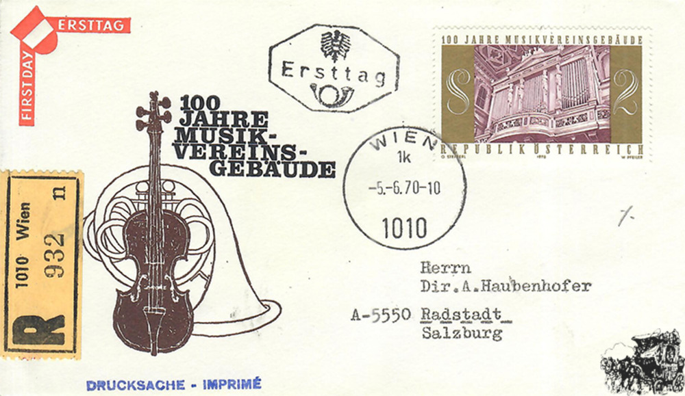 Österreich 1970 FDC - 2 S - 100 Jahre Musikvereinsgebäude - Reko Österreich 1970 FDC - 2 S - 100 Jahre Musikvereinsgebäude - Reko