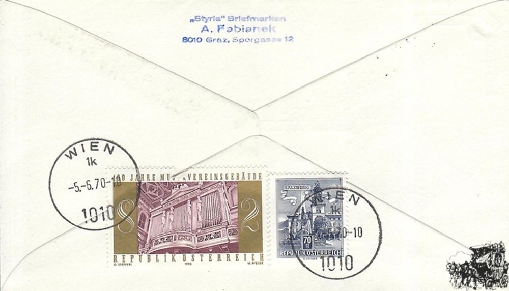 Österreich 1970 FDC - 2 S - 100 Jahre Musikvereinsgebäude - Reko Österreich 1970 FDC - 2 S - 100 Jahre Musikvereinsgebäude - Reko