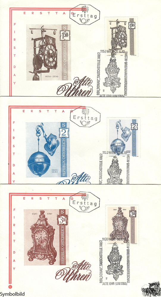Österreich 1970 FDC - 1,50 + 2,00 + 3,50 S - Alte Uhren - Satz Österreich 1970 FDC - 1,50 + 2,00 + 3,50 S - Alte Uhren - Satz
