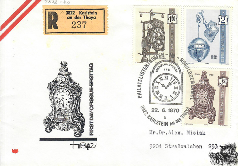 Österreich 1970 FDC - 1,50 + 2,00 + 3,50 S - Alte Uhren - Satz - Reko Österreich 1970 FDC - 1,50 + 2,00 + 3,50 S - Alte Uhren - Satz - Reko