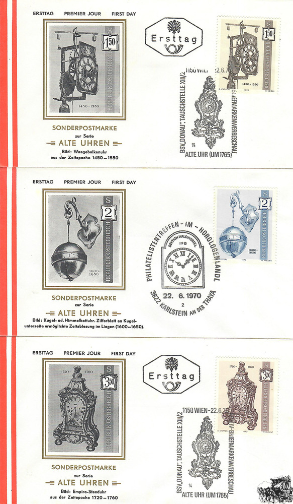 Österreich 1970 FDC - 1,50 + 2,00 + 3,50 S - Alte Uhren - Satz Österreich 1970 FDC - 1,50 + 2,00 + 3,50 S - Alte Uhren - Satz