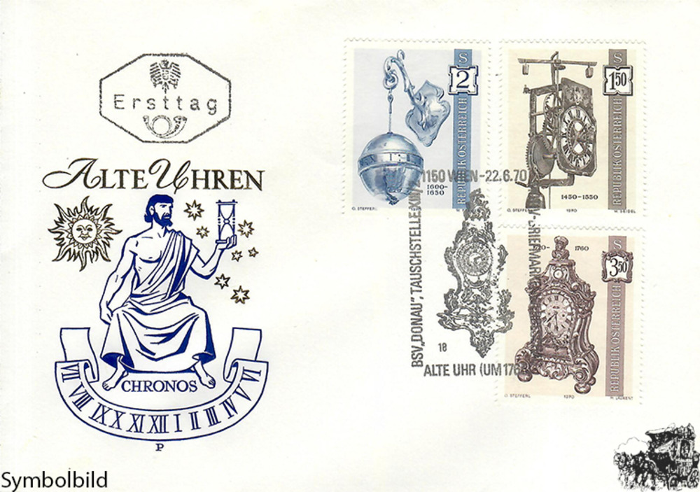 Österreich 1970 FDC - 1,50 + 2,00 + 3,50 S - Alte Uhren - Satz Österreich 1970 FDC - 1,50 + 2,00 + 3,50 S - Alte Uhren - Satz