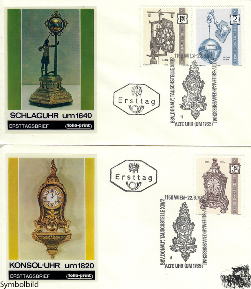 Österreich 1970 FDC - 1,50 + 2,00 + 3,50 S - Alte Uhren - Satz Österreich 1970 FDC - 1,50 + 2,00 + 3,50 S - Alte Uhren - Satz