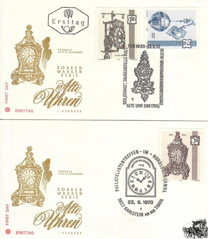Österreich 1970 FDC - 1,50 + 2,00 + 3,50 S - Alte Uhren - Satz