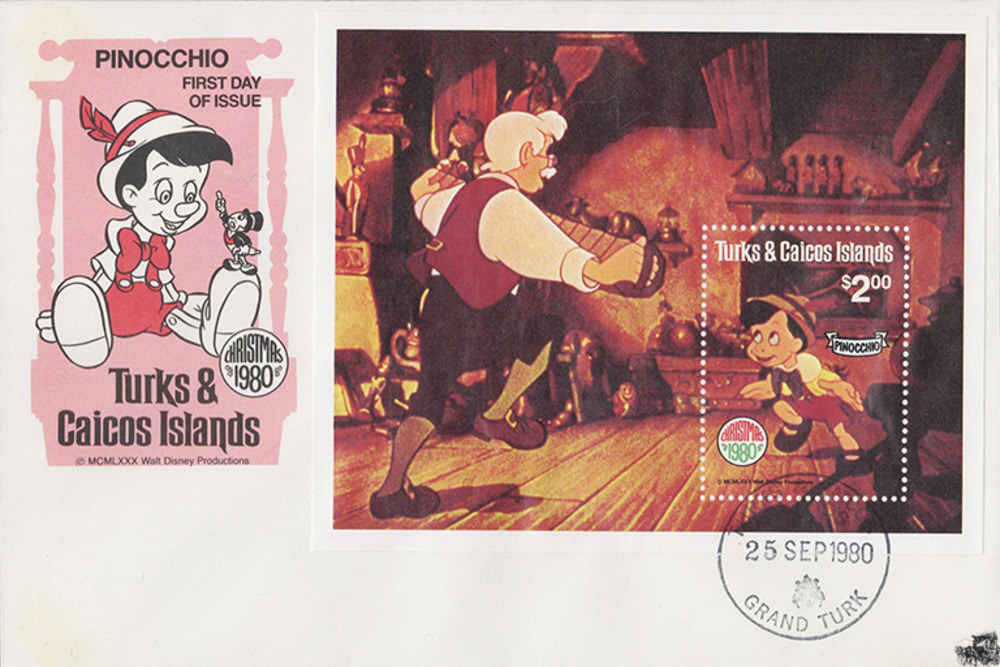 Turks und Caicos Inseln 1980 FDC - Disneyblock, Pinocchio