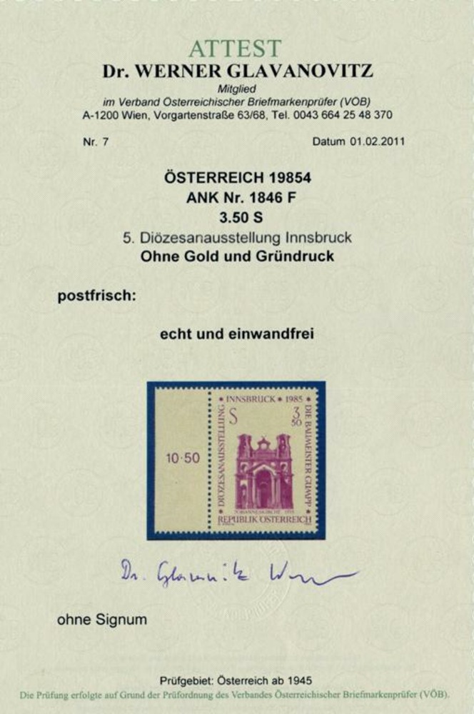Österreich** 1985, 3.50 Schilling Diözesenausstellung Innsbruck, Fehldruck, ATTEST Österreich** 1985, 3.50 Schilling Diözesenausstellung Innsbruck, Fehldruck, ATTEST