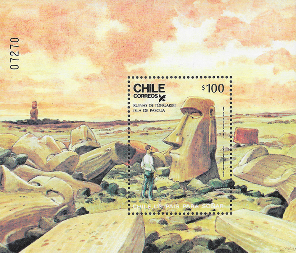 Chile 1986 ** - Die Osterinsel, Steinfigur in den Ruinen von Tongariki