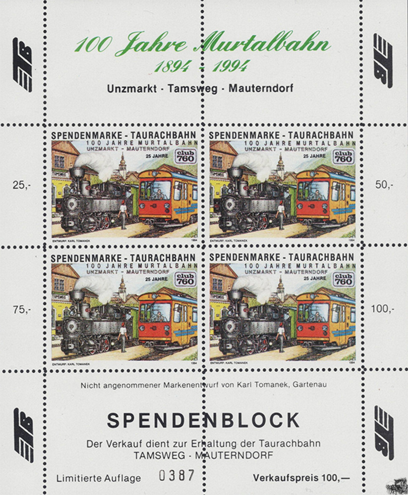 Österreich ** 1994 - SPENDENBLOCK - 100 Jahre Murtalbahn