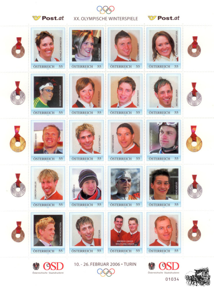 Marken.Edition 20 “XX. Olympische Winterspiele 2006“ - Österreich Klbg. mit personalisierten Marken