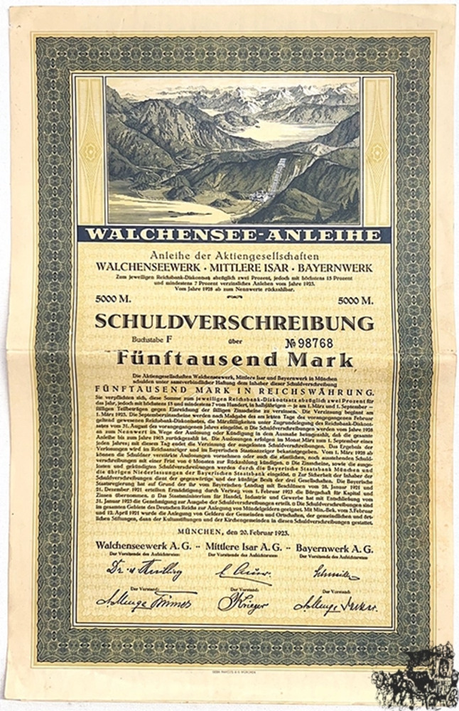 5.000 Mark 1923 - Walchenseewerk, Mittlere Isar, Bayernwerk, München,