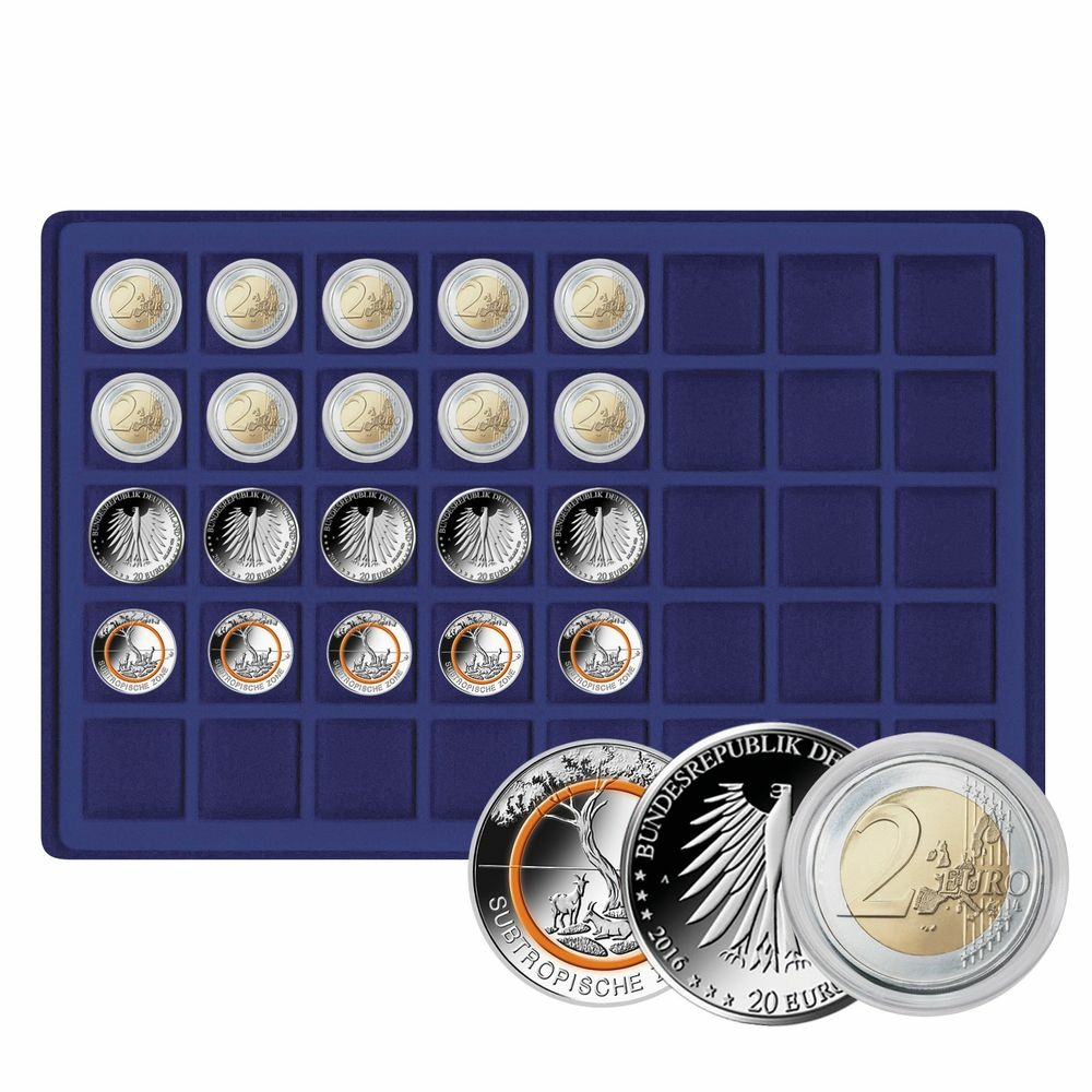 Münztableau für 40 Münzen bis 34 mm Ø in dunkelblau.