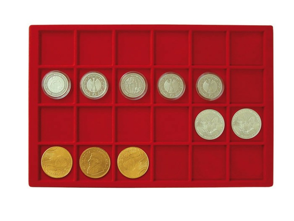 LINDNER Großer Münzen-Sammelkoffer mit Tableaus für 192 Münzen in rot. 