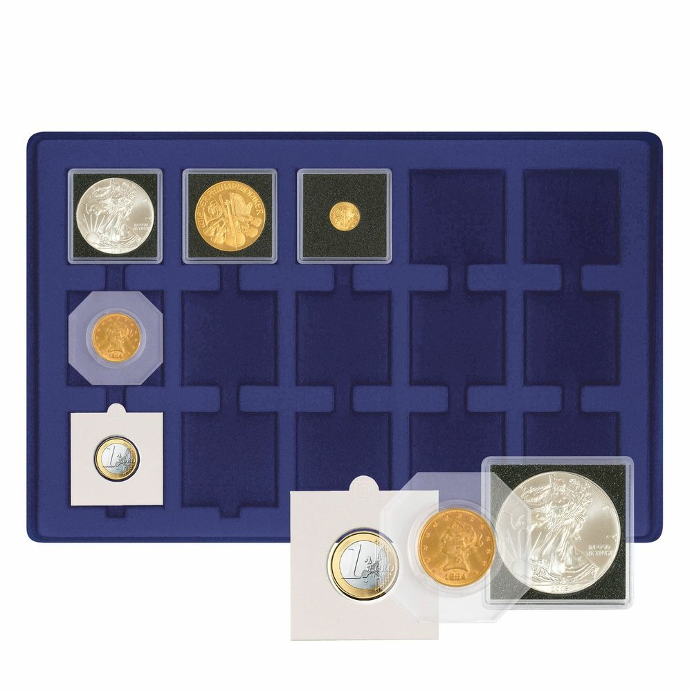 LINDNER Großer Münzen-Sammelkoffer mit Tableaus für 120 Münzen in dunkelblau.