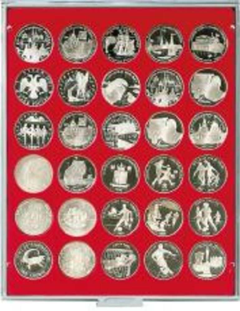 Münzenbox mit 30 runden Vertiefungen für Münzen mit Ø 39 mm, Rauchglas