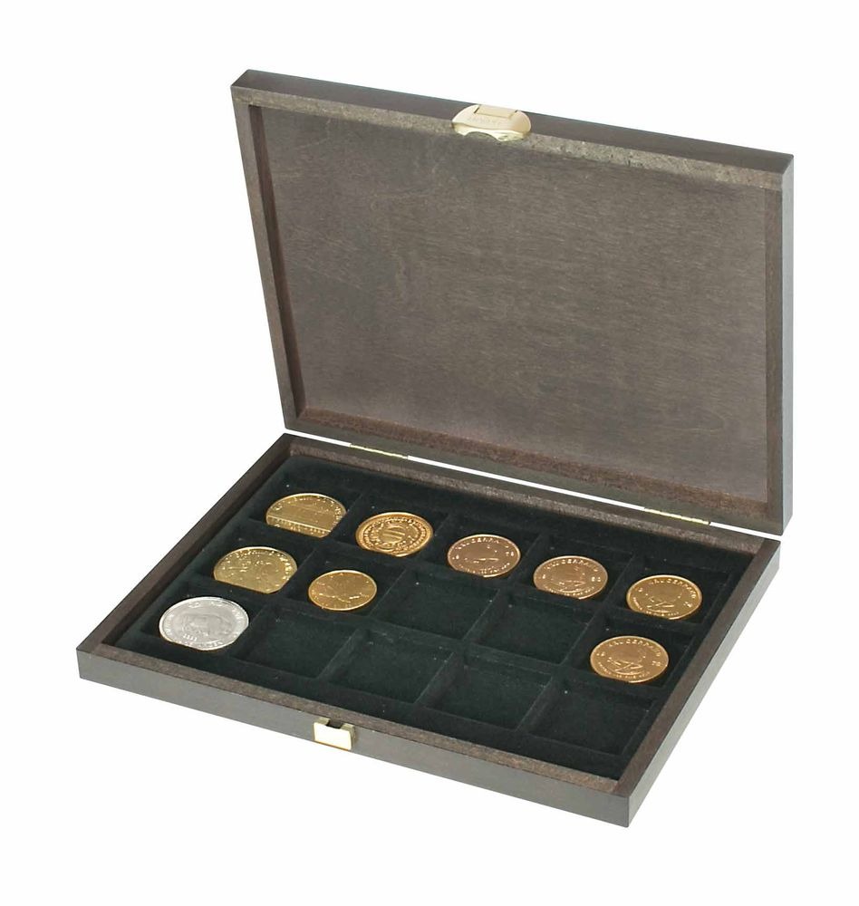 Echtholzkassette CARUS XM mit 15 quadratischen Fächern für Münzen/Münzkapseln bis Außen-Ø 40 mm